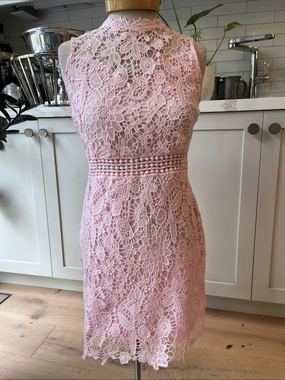 Eilly Bazar Sleeveless Baby Pink Lace Shift Dress - Elegant Floral Crochet - Picture 4 of 11